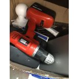 A box of electrical items including drill, dvd, webcam etc