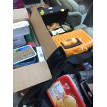 A box, a large bag and two plastic cases of fishing tackle