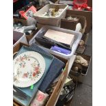 4 boxes of various ornaments, pottery, wooden items, etc