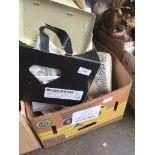 2 boxes containing pottery and kitchenware including scales