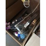 A box of misc items including silver plate and chromium plated ware