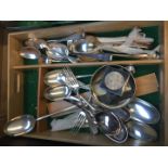 Tray of plated cutlery and coins