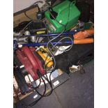 2 boxes of misc including electric planer, pipe bender, plastic fuel container, car jack and