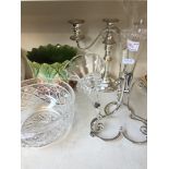 EPNS and glass epergne, plated candlestick, glass bowl and pot jardiniere