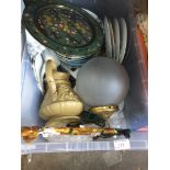 A box of collectors plates and other items including a pressed glass light fitting