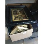 A box of misc including a lamp, various composite decorations, wooden boxes, etc