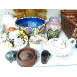 Various pottery and a glass dish