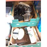 2 boxes containing EPSN, a dressing table set, pottery, etc