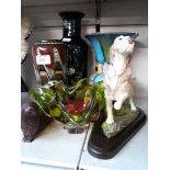 Vases, glass bowl ans dog figure