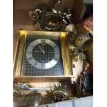 A box of brassware including a Seiko clock