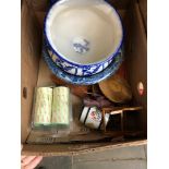 A box of wooden items and 2 large bowls