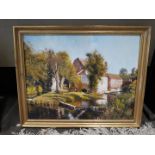 Framed oil painting - Mill by stream