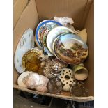 A box of pottery and glassware including collectors plates, ornaments, etc