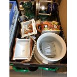 A box of misc including tea pots, bowl, etc