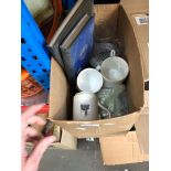 A box containing Preston Guild pottery / mugs and books including 1922 teapot