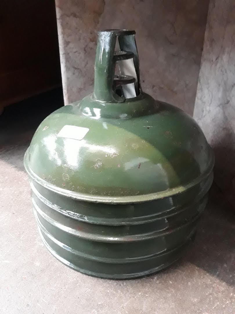 A set of five green painted enamel industrial style light shades.