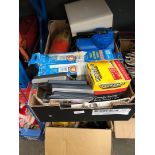 A box of misc including strip lights fittings, bulbs, electric pump, DVDs, etc