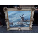 20th century Dutch school, winter scene with windmill, oil on canvas, fancy frame.