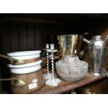 copperware and a brass bucket