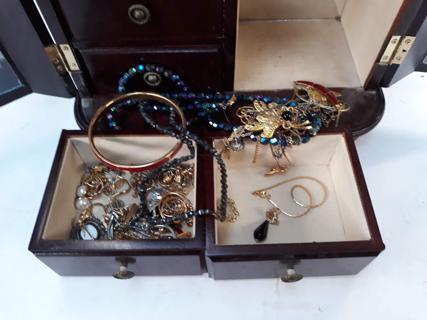 Costume jewellery in a display cabinet