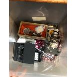 A box of misc including costume jewellery, few watches, a clock, a mirror, etc