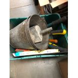 A box of garden tools, 2 galvanised buckets, packets of fire lighters, etc