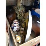 A box of mainly ceramic vases and 2 wooden elephants