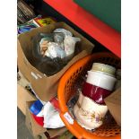 A plastic basket and box of pottery and glassware