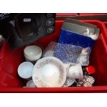 Red crate with kettle and pottery etc.