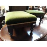 A pair early 20th century foot stools with green upholstered tops and turned feet