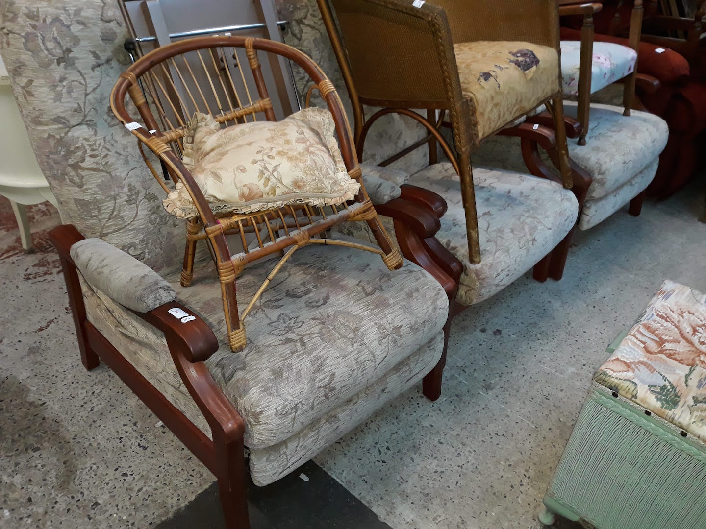 3 wood show and fawn floral patterned armchairs