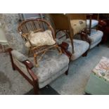 3 wood show and fawn floral patterned armchairs