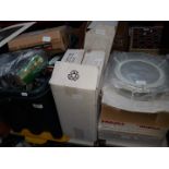 Large quantity of light fittings and bulbs - a large plastic crate and other cardboard boxes with