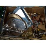 A box of metalware - mainly copper, brass and platedware