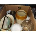 A box of misc including a brass candle holder, stoneware, pottery and glassware items