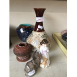 4 pieces of Royal Doulton pottery and a Langley leadless glaze vase