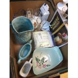 A box of misc including Tchibo mini speaker, cheese making book, various pottery and vases