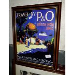 A framed colourful print depicting P&O and British India Lines