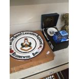 Lancashire Regiment band plate, Spitfire glass paperweight and Worcester small dish