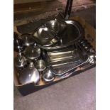 A box of stainless steel kitchenware