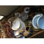 Box of pottery, ornaments, binoculars and figure