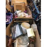 Two boxes of misc including a baited mouse trap, cuddly toy, tapsand pottery bowls