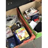 2 boxes containing PS console, a PS2 console, a Gameboy, controllers and games