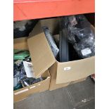 Two boxes of misc including printer cartridges, small electricl items, scanner and a record