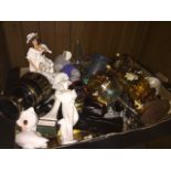 Box of pottery ornaments and glass