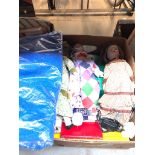 two boxes of misc including dolls, bath mat set and pottery
