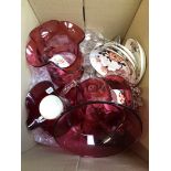 A box of cranberry glass and a 4 piece coffee set