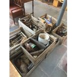 10 wooden crates containing misc items including enamel, rustic items, bottles, copper, etc