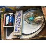 Box with platters, eggs, boxed pipe etc.
