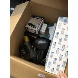 A large box of misc includig torch, cutlery, small boxed electrical gadget items